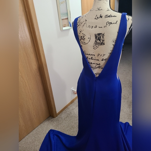 Jovani 08695 deep v-neck slit Cobalt royal illusion simple prom formal dress - Picture 4 of 8